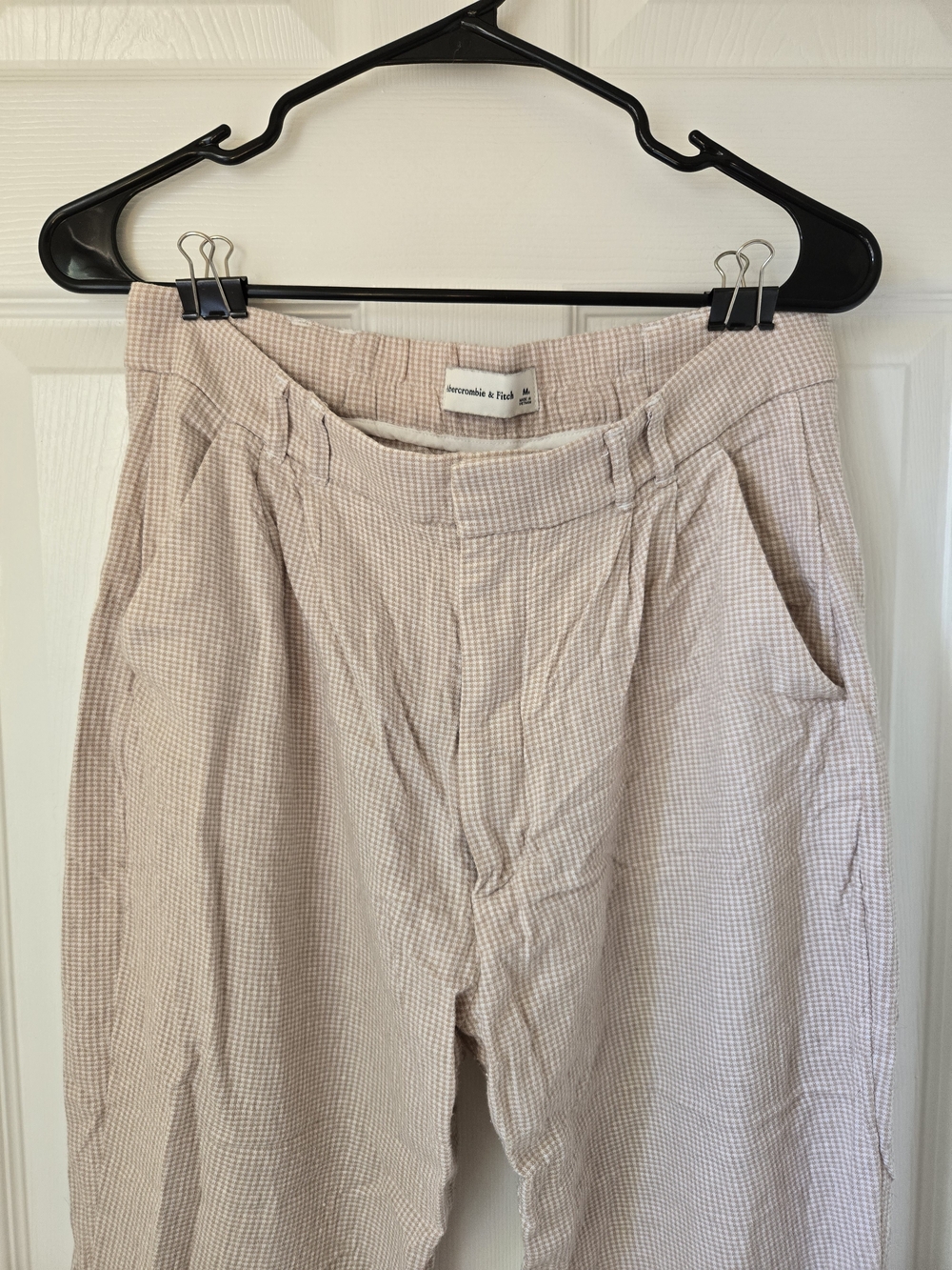 Abercrombie & Fitch White And Tan Gingham Linen Cropped Pants Medium